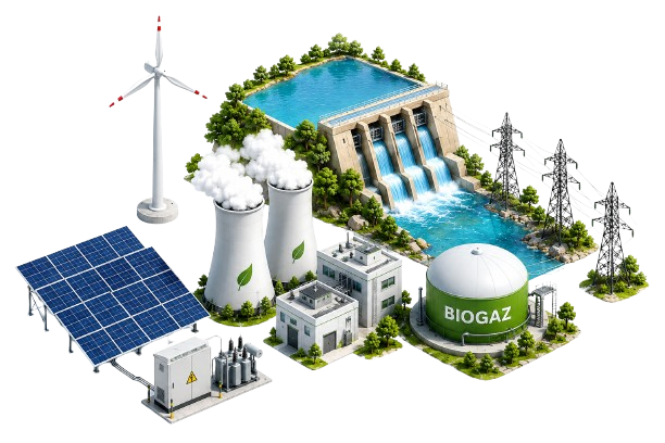 Illustration des énergies décarbonées : barrage, solaire, éolien, nucléaire et biogaz.