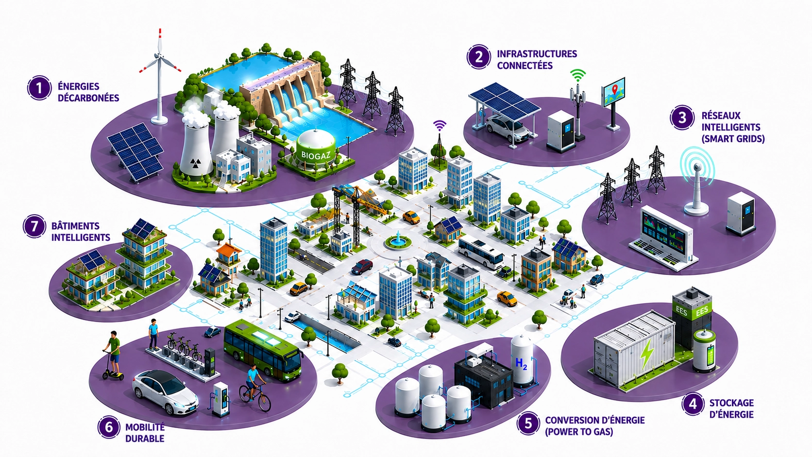 Ville interactive présentant les sept univers énergétiques.