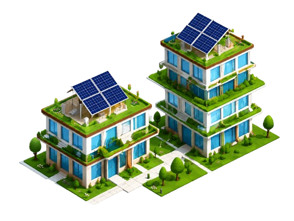 Illustration de bâtiments intelligents équipés de panneaux solaires, toitures végétalisées et aménagements paysagers.