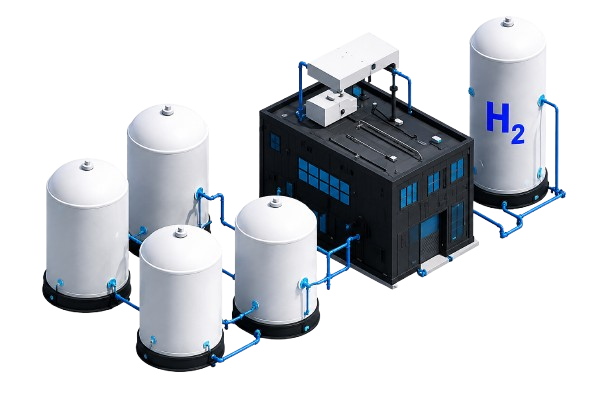 Illustration d’une installation de conversion d’énergie avec une unité industrielle, des réservoirs, des canalisations et un stockage d’hydrogène.