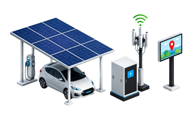 Illustration des infrastructures connectées : mobilité électrique, borne de recharge, réseaux, capteurs et équipements intelligents.