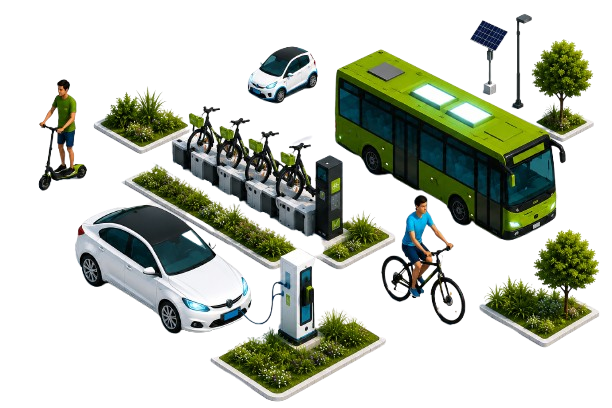 Illustration de la mobilité durable avec bus électrique, voiture électrique, borne de recharge, vélos en libre-service, cycliste et trottinette.