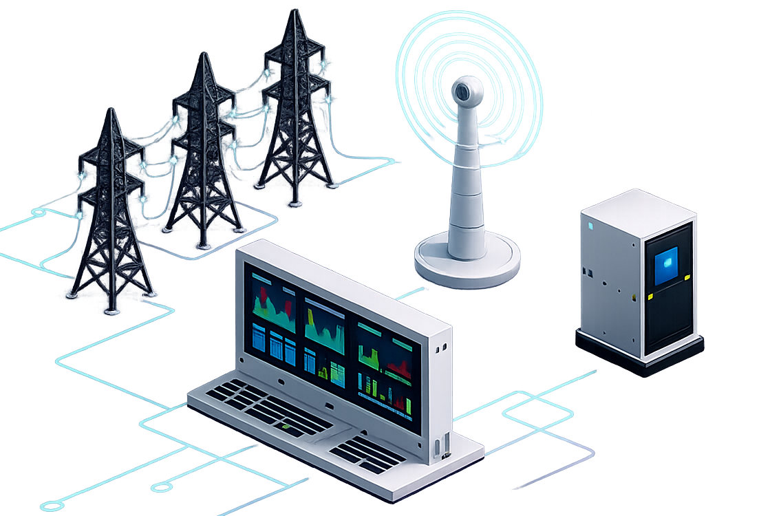 Illustration des réseaux intelligents avec pylônes électriques, antenne de communication, serveur et système de supervision.