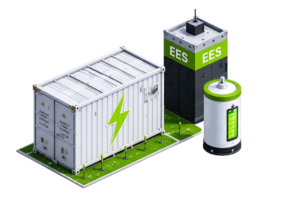 Illustration d’un système de stockage d’énergie composé d’un conteneur de batteries, d’une unité EES et d’un module de stockage électrique.